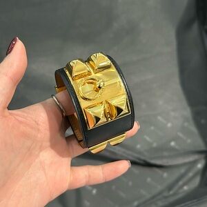 Hermes Black Leather Cuff Bracelet with Gold Hardware